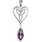 Sterling Silver Heart-shaped Celtic Pendant, w/ Marquise Cut Natural Amethyst Stone, 1 5/16" (40mm) tall
