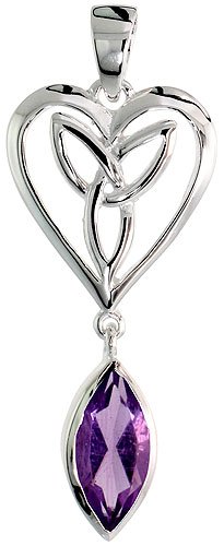 Sterling Silver Heart-shaped Celtic Pendant, w/ Marquise Cut Natural Amethyst Stone, 1 5/16" (40mm) tall