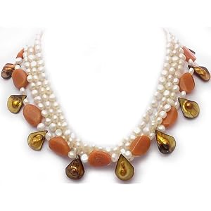 18 Inch Long 4 Row Genuine Pearl, Jade and Mother of Pearl Necklace