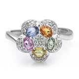 18k White Gold Multi Colored Sapphire and Diamond Flower Ring
