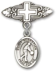 Sterling Silver Baby Badge with St. Sebastian/Basketball Charm and Badge Pin with Cross