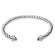 Two-Tone 14k Gold Plated and Sterling Silver Thin Twisted Bangle with Light Blue Stone Edged Cuff Bracelet