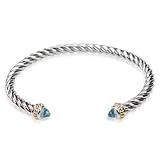 Two-Tone 14k Yellow Gold Plated and Sterling Silver Thin Twisted Bangle with Light Blue Stone Edged Cuff Bracelet