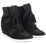 NEW WOMENS LADIES BLACK LACE UP VELCRO STRAP ANKLE HIDDEN WEDGE SNEAKERS SHOES BOOTS 3-8