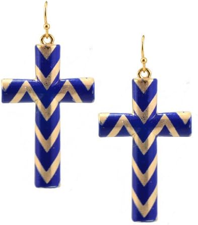 Polished Finish Blue/Gold Barber Pole Cross Dangle Earrings