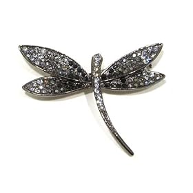Black & Smokey Austrian Rhinestone Black Antique Silver-Tone Dragonfly Brooch Pin