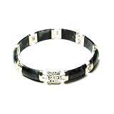 Sterling Silver Charcoal Chinese Jade Eight-Section Tabular Bracelet with Good Luck Character Clasp, 7.5