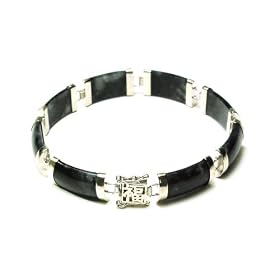 Sterling Silver Charcoal Chinese Jade Eight-Section Tabular Bracelet with Good... by