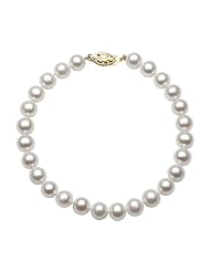 14K Yellow Gold 8-8.5mm AAA+ Quality White Freshwater Pearl Strand Bracelet, 8 Inch