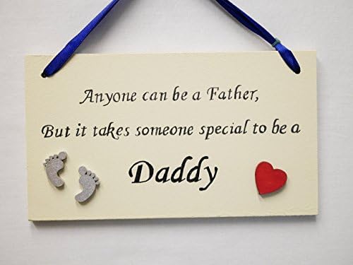 Wood Plaque Hand Painted Dad, Daddy Wall Hanging Art Expressing The Love We Have For Our Father Adorned With Two Sliver Feet And A Red Heart. 8" x 4"