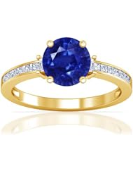 14K Yellow Gold Round Cut Blue Sapphire Ring With Sidestones