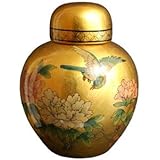 Best Quality Asian Home Décor Gift Idea for Her - 13' Ming Fine Chinese Ceramic Porcelain Gold Leaf Spice Ginger Temple Jar Urn