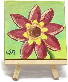 'Royalty" is a colorful red and gold flower in acrylics on a miniature canvas with a wooden display easel.