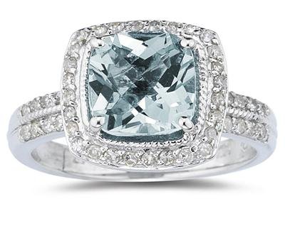 2.50ct Cushion Cut Aquamarine & Diamond Ring in 14K White Gold