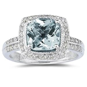 2.50ct Cushion Cut Aquamarine and Diamond Ring in 14K White Gold by
