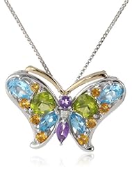 XPY Sterling Silver and 14k Yellow-Gold Blue Topaz, Amethyst, Peridot and Citrine Butterfly Pendant Necklace (0.01 cttw, I-J Color, I3 Clarity), 18"