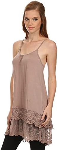 Solid Lovely Crochet Lace Layered Trim Crop Top Extender Cami Tank Top (L, Coffee)