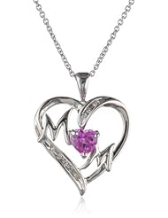 Sterling Silver Created Pink Sapphire and Diamond-Accent "Mom" Heart Pendant Necklace, 18" (.04 cttw)