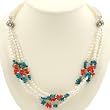 Handmade White Pearl, Red Coral & Blue Turquoise Necklace With Antiqued Silver Beads