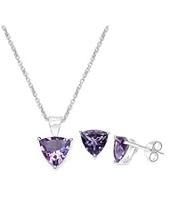 4.50 Carat Amethyst Triangle Shape .925 Sterling Silver Earring & Pendant Set