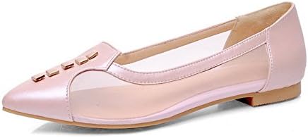 WeenFashion Women's Cow Leather No-Heel Pointed-Toe Pumps-Shoes with Hollow Out and Studded Rivet, Pink, 41