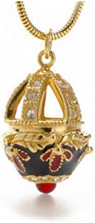 Gold-Tone Large Enamel and Leaf Bejeweled Russian Faberge Style Egg Pendant Necklace, Snake Chain, 18"