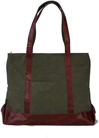 Genuine Leather Canvas Tote Bag (Green)