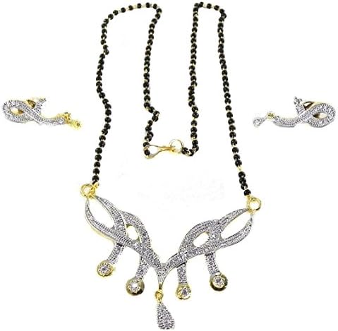 Pendant Earrings set with Black Mangalsutra Chain studded with Zircon white stones