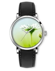 SPRAWL Aanalog Fashion Series Silver Ladies Watches of Genuine Black Leather Strap,Unique Wrist Watch for Women Girls Designed with white daisies