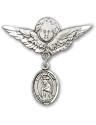 Sterling Silver Baby Badge with St. Regina Charm and Angel with Wings Badge Pin
