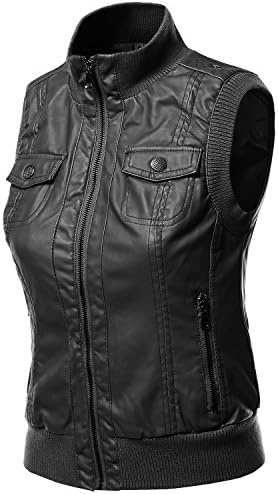 Women's Zip-up Biker Bomber Vest Faux Leather Jackets BLACK Size L
