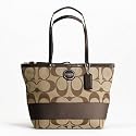 Coach Signature Stripe Shopper Bag Tote Khaki Mahogany - Coach 17433KHA