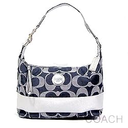 Authentic Coach Signature Stripe Hobo Handbag 17434 Denim Blue Silver