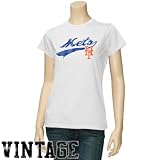 New York Mets Ladies White Distressed Script Vintage T-shirt