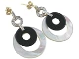 White Mother Of Pearl and Onyx Chic Dangling Vertigo Earrings with Diamonds, 14k Gold