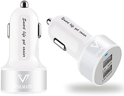 Volmate® Apple Certified - Lifetime Warranty - 4.8A / 24W Dual-Port USB Car Charger - Portable Travel Charger Rapid Car Charger For iPhone 6 5 5S 5C 4 4S, iPad 4 3 2,iPad mini, iPad air, iPad Mini Retina, iPad touch, iPod Nano; Samsung Galaxy S5, S4, S3, S2, Note 4 3, 2, Tab S 4, 3, 2 7.0 8.0 10.1; All New HTC One M8 M7 M4, Mini 2; LG Optimus G3 G2, Flex, G2 Mini, G Pro 2, G Pad 7.0 8.0 8.3 10.1; Google Nexus 5 4 7 8 FHD 2; Other Android Smartphone/Tablets - Premium MFI Approved(White+Silver)