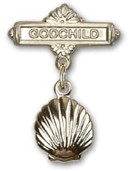14kt Gold Baby Badge with Shell Charm and Godchild Badge Pin