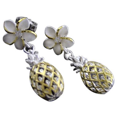 925 Silver Plumeria & Pineapple Dangle Earrings Hawaiian Jewelry