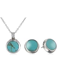 Sterling Silver Gemstone Inlay Round Button Earrings and Matching Pendant Necklace Set, 16"