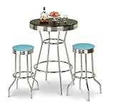 Chrome Bar Table & 2 Chrome Finish Baby Blue Vinyl Seat Barstools
