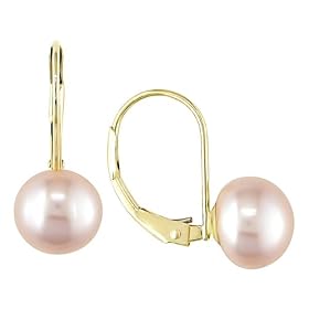 10K Yellow Gold 7-7.5mm Pink Cultured Freshwater Pearl Earrings
