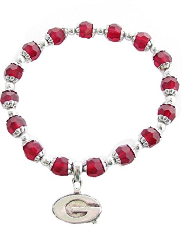 Georgia Bulldogs UGA Red Glass Beaded Stretch Bracelet G Logo Silver Plated Charm Jewelry