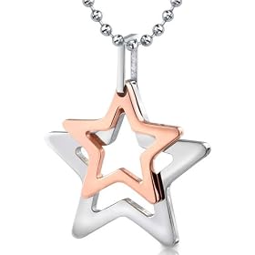 Stainless Steel Double Star Rose Gold Color Pendant on a Stainless Steel Ball Chain