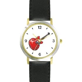 Electric and Acoustic Guitar - Musical Instrument - Music Theme - WATCHBUDDY� DELUXE TWO-TONE THEME WATCH - Arabic Numbers - Black Leather Strap-Size-Large ( Men's Size or Jumbo Women's Size )
