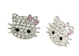 Adorable Kitty Pink Ribbon Bow Crystal Stud Post Earrings Silver Tone 1 ~ GIFT BOXED