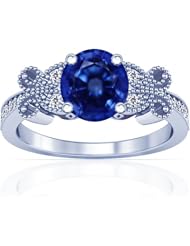 14K White Gold Round Cut Blue Sapphire Ring With Sidestones (GIA Certificate)