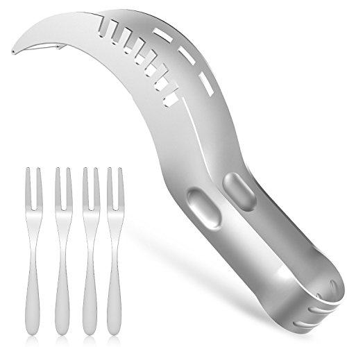 Watermelon Slicer Corer, Kollea Stainless Steel Melon Cutter Server With Long Grip Handle W Bonus - Set of 4 Fruit Forks