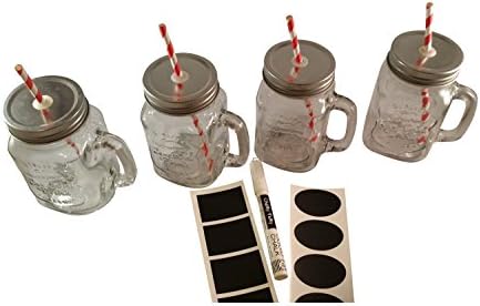 Mason Jars With Handles, Straws, Lids Bundled with Waterproof Labels & Chalk Marker - Set of 4 Mugs