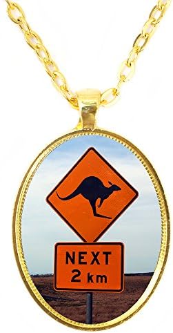 Kangaroo Crossing Australian Road Sign Animal Aura Bright Gold Pendant with Chain Necklace