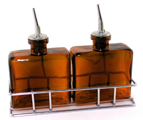 French Classic Matic Vinegar and Oil Dispensers ~ Two Amber Decorative Glass Bottles With Chrome Metal Stand ~ Olive Oil Bottles ~ Vinegar Bottles ~ Decorative Liquid Dispensers ~ Cruet ~ Drizzler